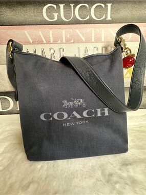 Coach Denim Navy Carriage Hobo Canvas Shoulder Bag with Brown Leather Accent